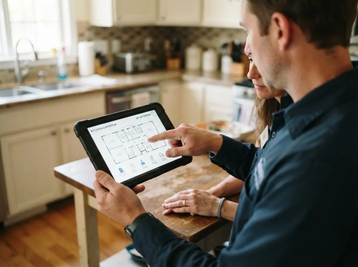 Water damage restoration technician inspecting a home in Ermine, KY